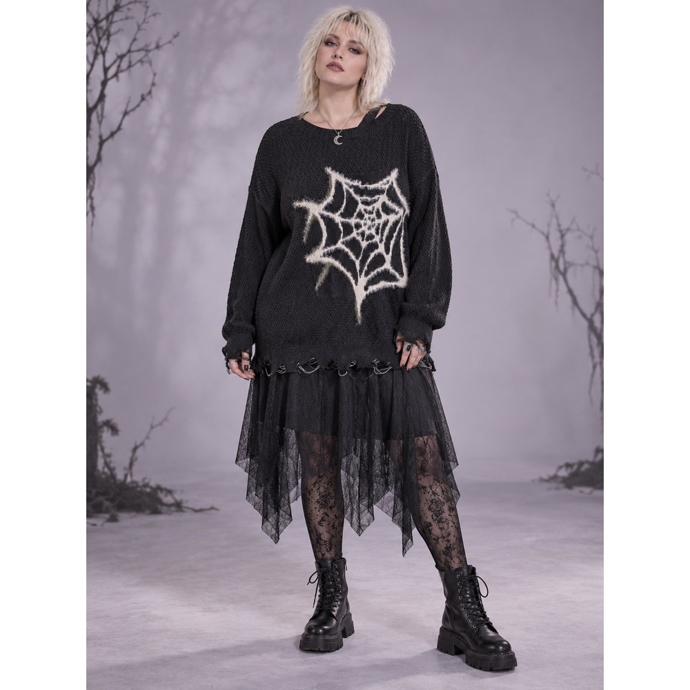 Whimsigoth Fairygrunge Gothic Black Distressed Spider Web Knit Sweater L Top